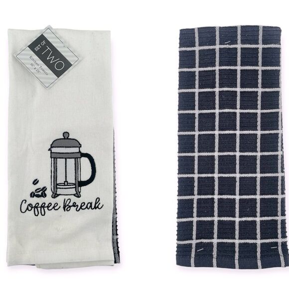 COFFEE BREAK Embroidered Cotton Black White Kitchen Towels, Set of 2, 16” x 28” - Picture 9 of 9